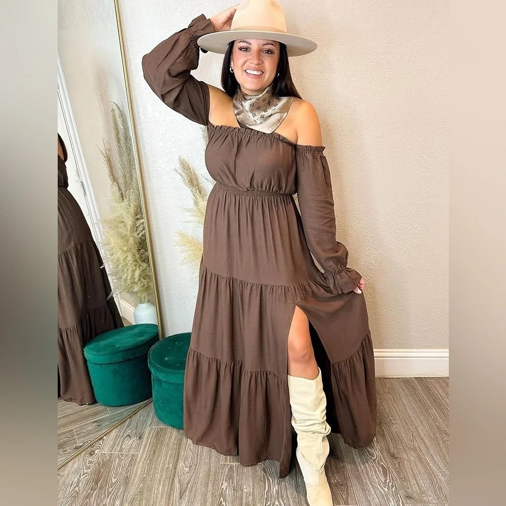 Nwt brown Off-Shoulder Maxi Dress cottage core‎ whimsical - Picture 6 of 15